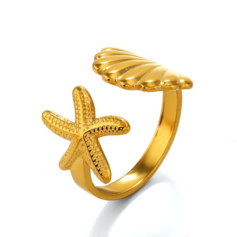 Stainless Steel Conch Starfish Open Ring for Women Exquisite Retro Shell Finger Ring Beach Holiday Casual Versatile Jewelry Gift