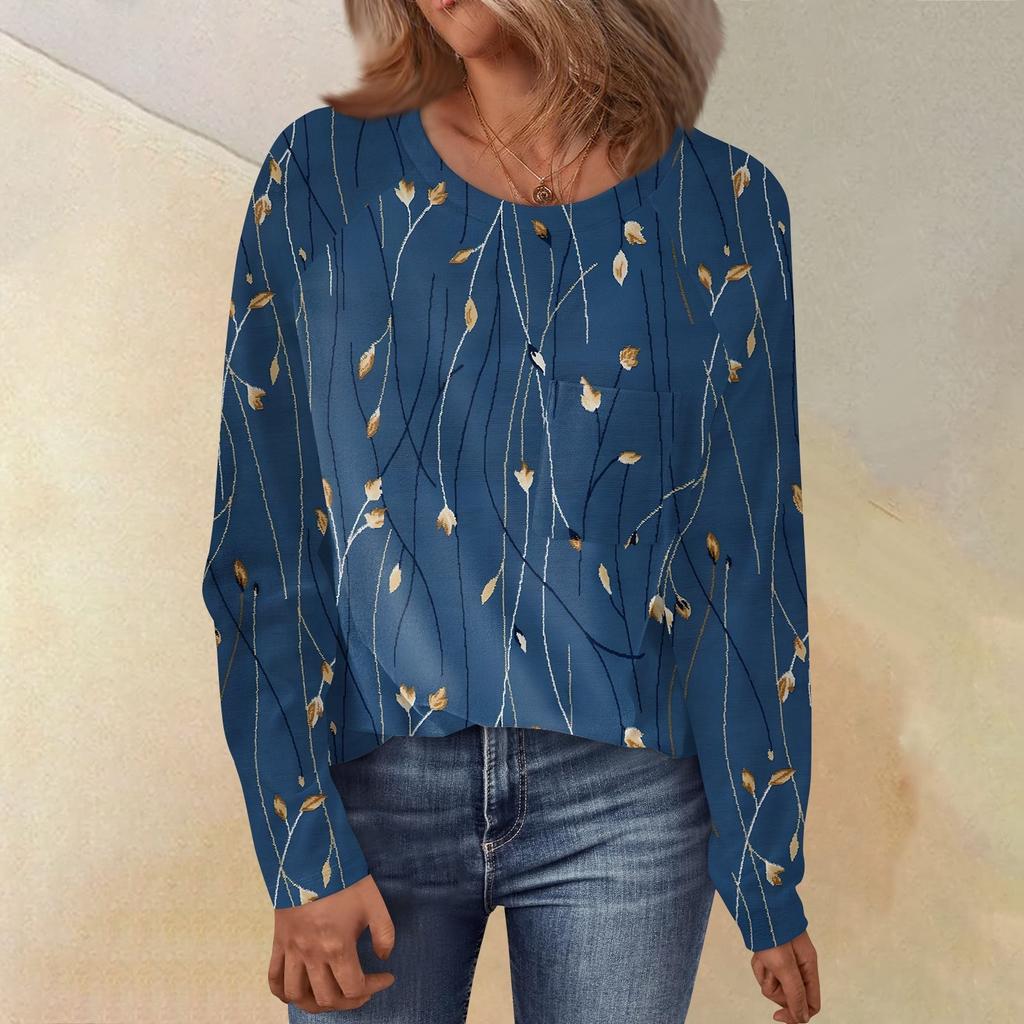 Женский свободный топ с круглым вырезом, цветочным принтом и длинными рукавами