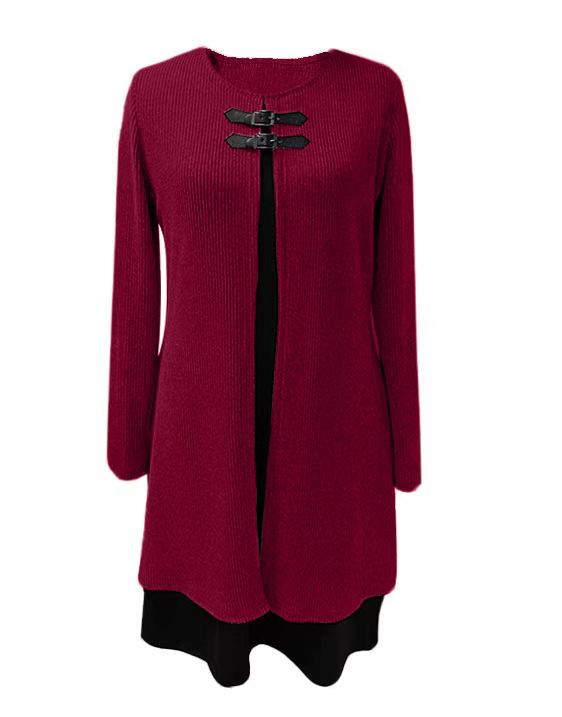 Осенне-весеннее женское платье из двух частей, трапециевидной формы с длинным рукавом, свободный подол, круглая шея, декор с пряжкой, вязаное мягкое цветное платье миди длиной до колена