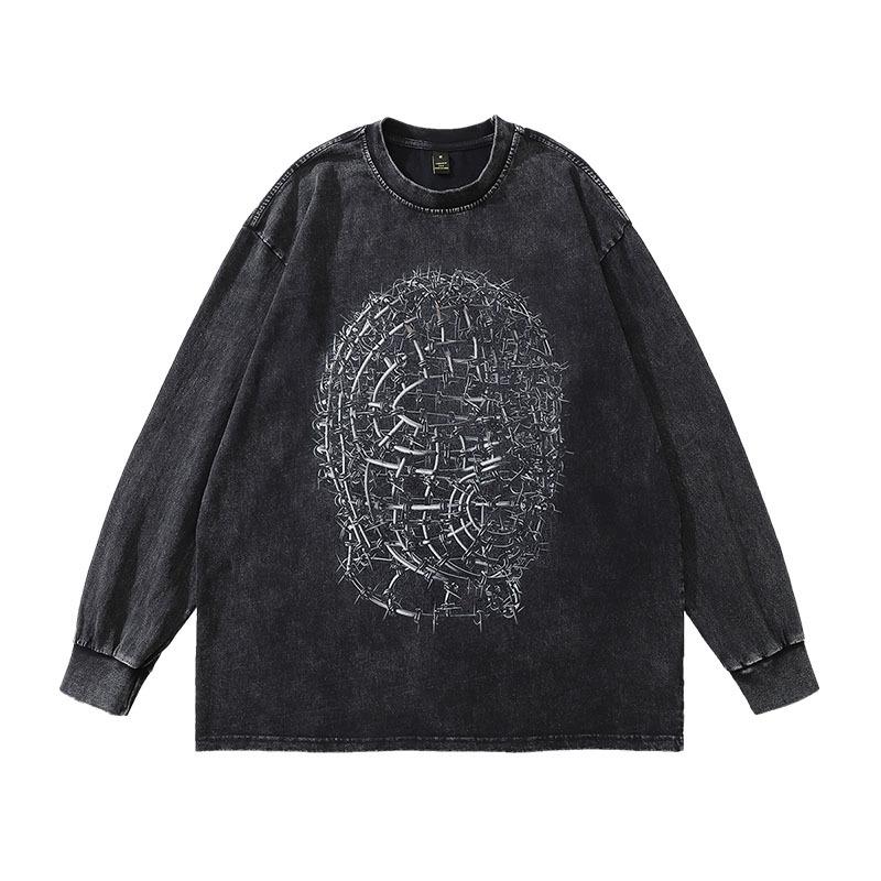 European And American Hip Hop Retro Old Long-Sleeved T-Shirt Men And Women Oversize Street Trendy Brand Couple Vintage Base