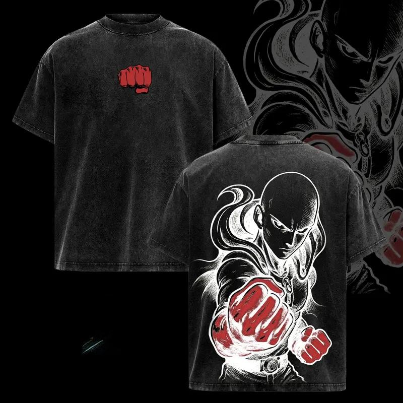Saitama Print T-shirt One Punch Man Anime Clothing Men Short Sleeve Cotton Tshirts Vintage Washed Tee Harajuku Oversized T Shirt