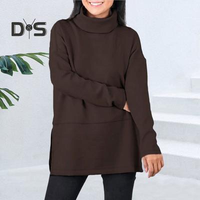 Женская толстовка с полувысоким воротником и разрезом по низу, однотонная плотная одежда больших размеров, длинный рукав, однотонный пуловер, сохраняющий тепло, повседневный топ для поездок на работу