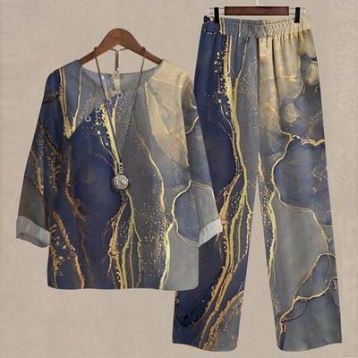 2 шт./компл., женская футболка, брюки, весна-лето, с круглым вырезом, с цветочным принтом, рубашка с половиной рукава, повседневный свободный топ, эластичная талия, спортивные штаны-шаровары, комплект брюк