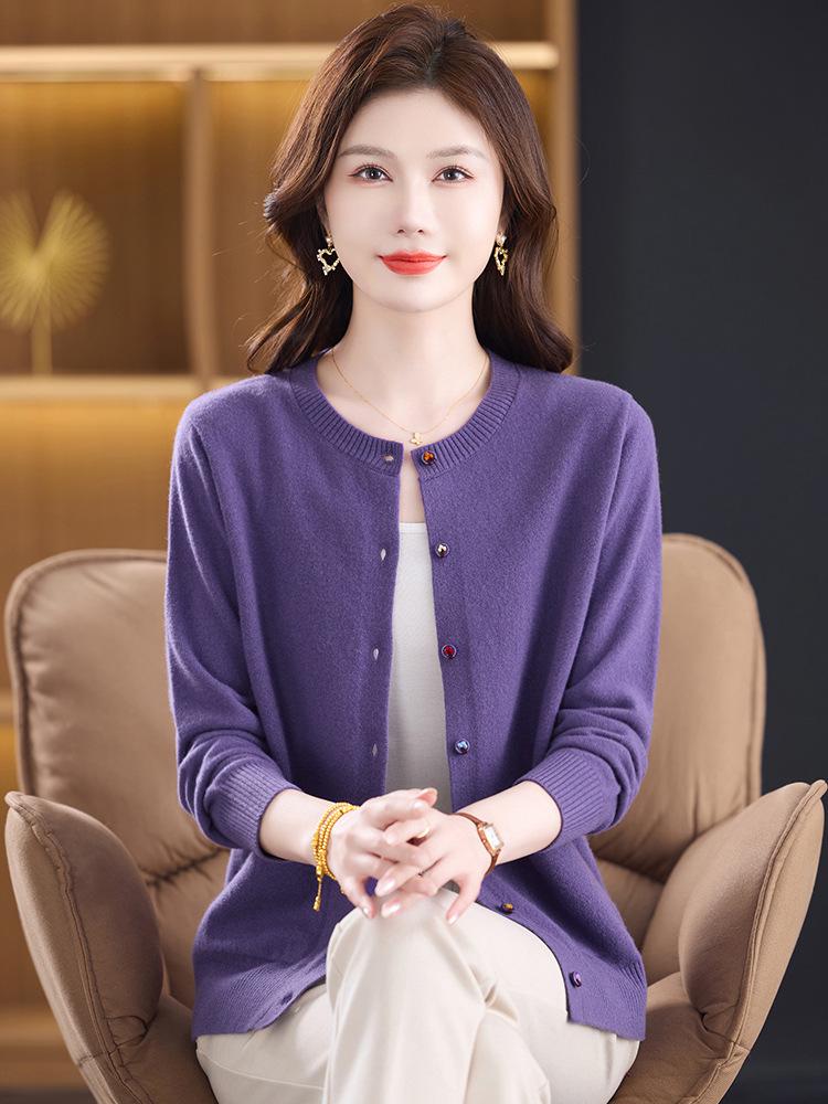 Женский кардиган из 100% чистой шерсти - Новый осенне-зимний свитер с круглым вырезом для мамы