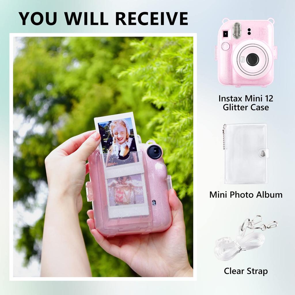 Rieibi Instax Mini 12 Instax Fujifilm Instax Mini 12 Case Clear Instax Mini 12 Case Transparent Shining Clear Clear Case with Clear Shoulder Strap and