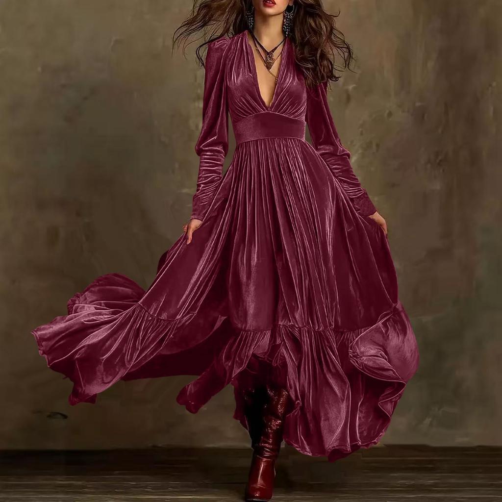 Women's Pleated V-neck Flowy Long-sleeve Belted A-line Velvet Dress, French Retro Ruffled Swing Dress