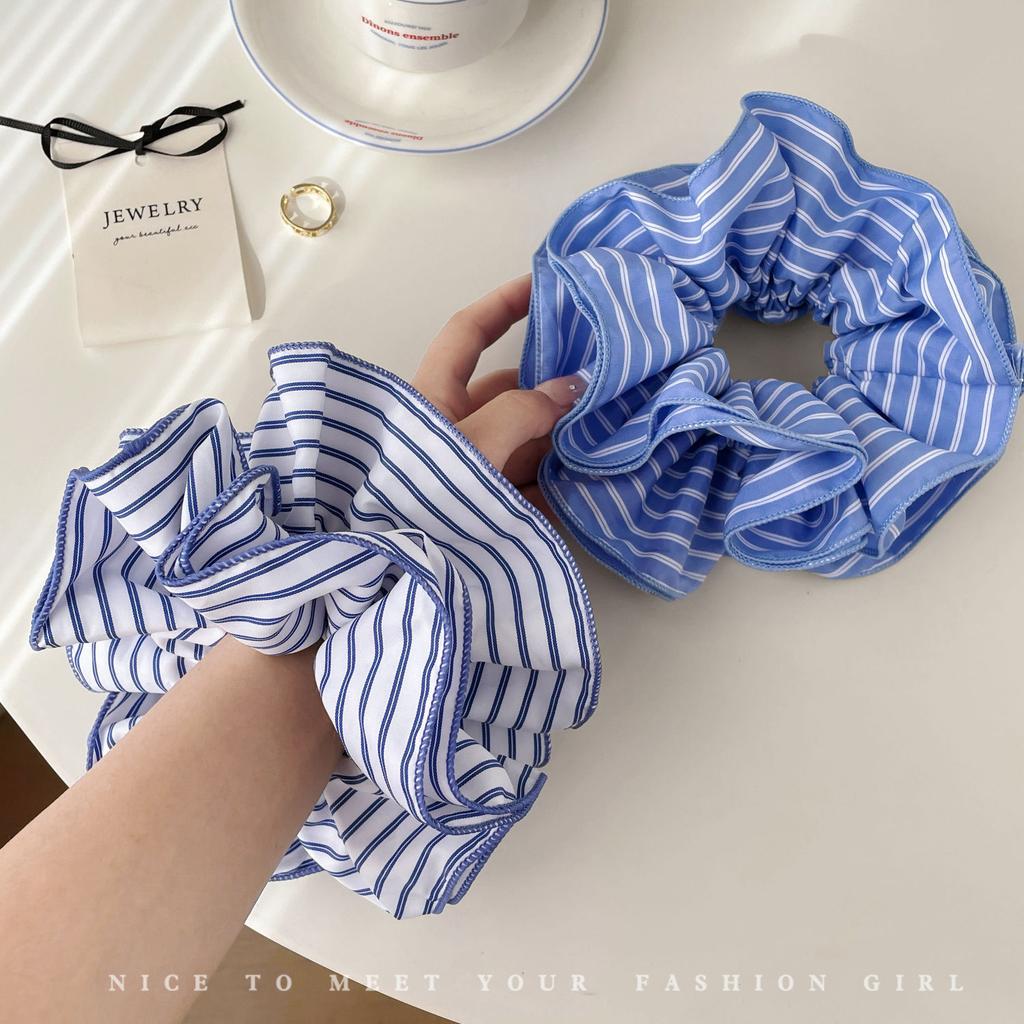 Trend Blue Striped Cloth Scrunchies Women Girls Elastic Hair Rubber Bands Accessories Tie Hair Ring Rope Headdress Headwear