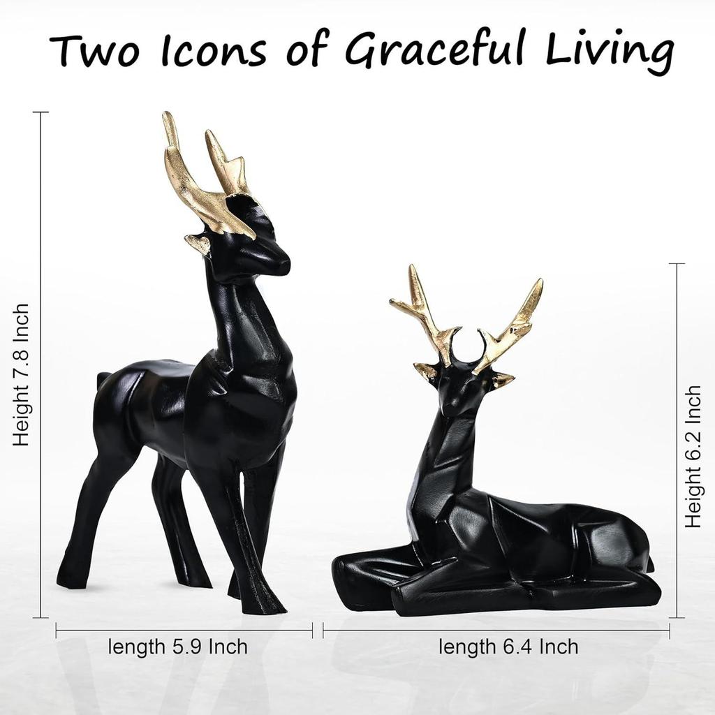 Набор из 2 элегантных оленей | Искусно выполненные статуэтки хиранов для декора дома и офиса, вдохновленные природой, идеально подходят для подарка любителям природы и друзьям (черный)