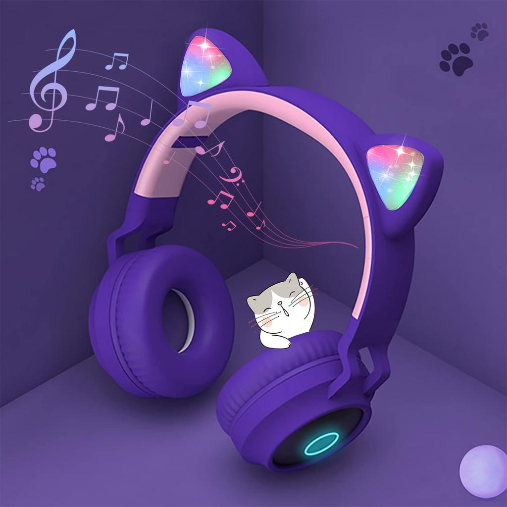 Cat Ear Wireless Bluetooth Headphones with Bluetooth Headphones for Sparkling Rainbow Color Bluetooth TF Card Adjustable Stereo Headset for Kids and