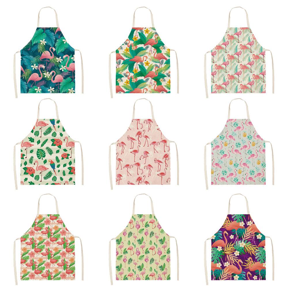 Nordic Palm Leaves Flamingo Kitchen Cooking Aprons For Women Chefs Baking Bibs Cotton Linen Cleaning Pinafore Delantal Cocina