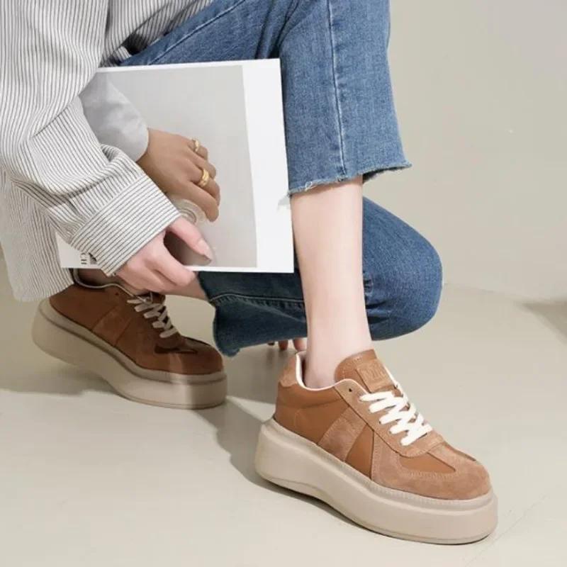 6CM Genuine Leather Women Casual Women Fashion Sneakers Chunky Shoes Spring Autumn Shoes Super Thick Platform Wedge Skateboard