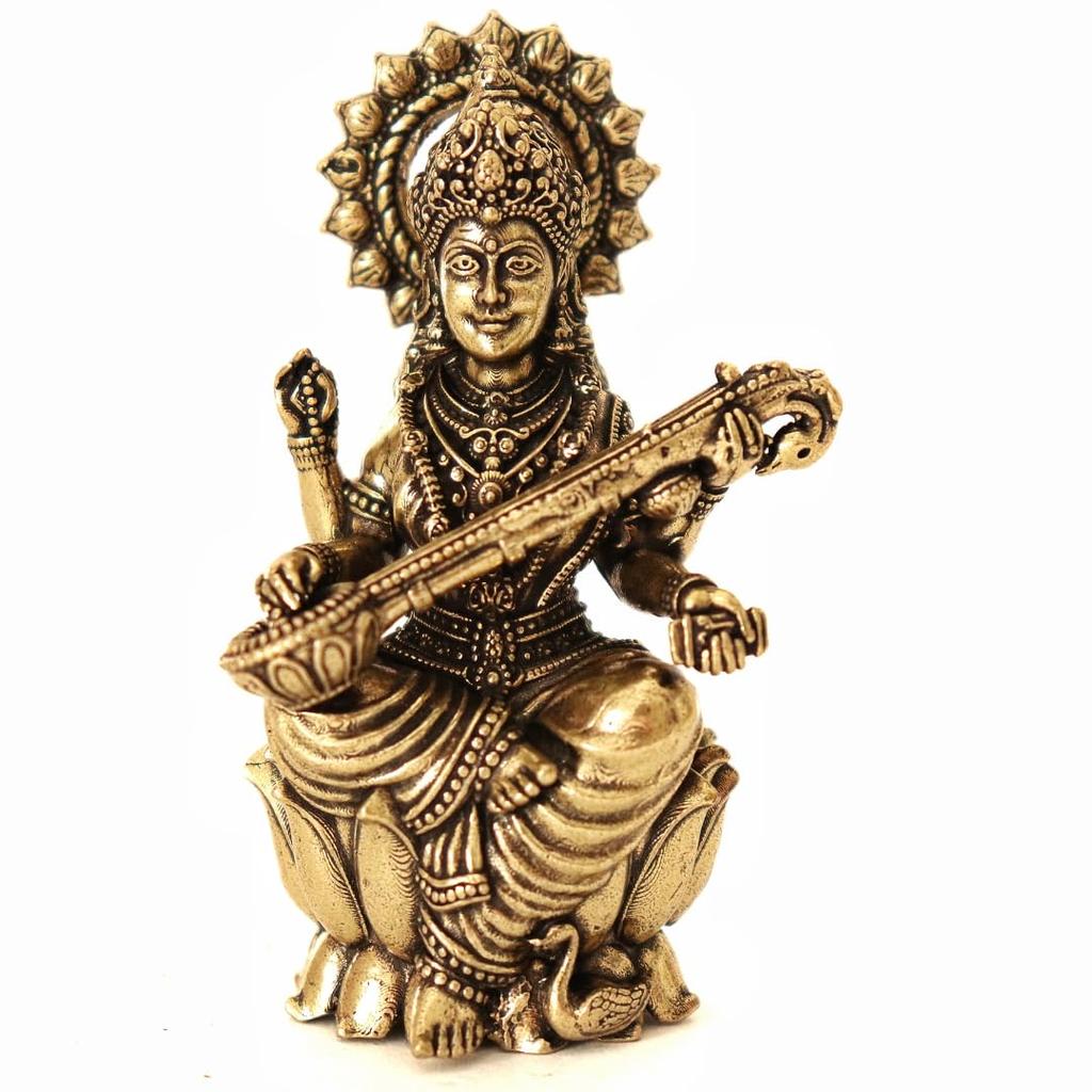 Original Brass Saraswati Maa Murti, Goddess Saraswati Idol, Gold, Size - Small