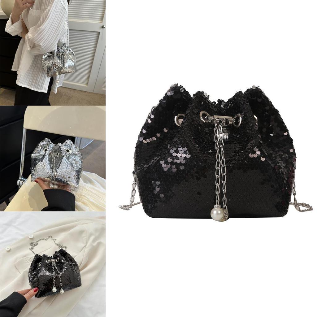 Trendy Chain Bucket Bag 2023 Summer New Sequin Shoulder Bag Street Fashion Commuter Crossbody Bag