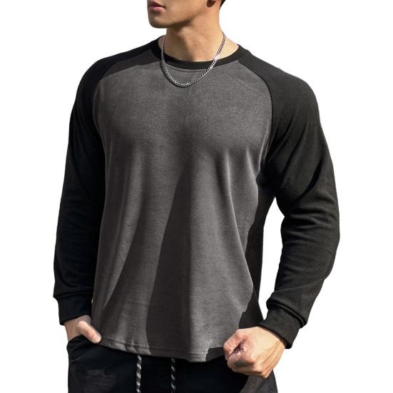 Осень-зима Мужской топ-топ облегающего кроя с о-образным вырезом в стиле пэчворк, эластичный свитер с длинными рукавами, средней длины, для фитнеса, тренировок, бега, повседневной носки, рубашка