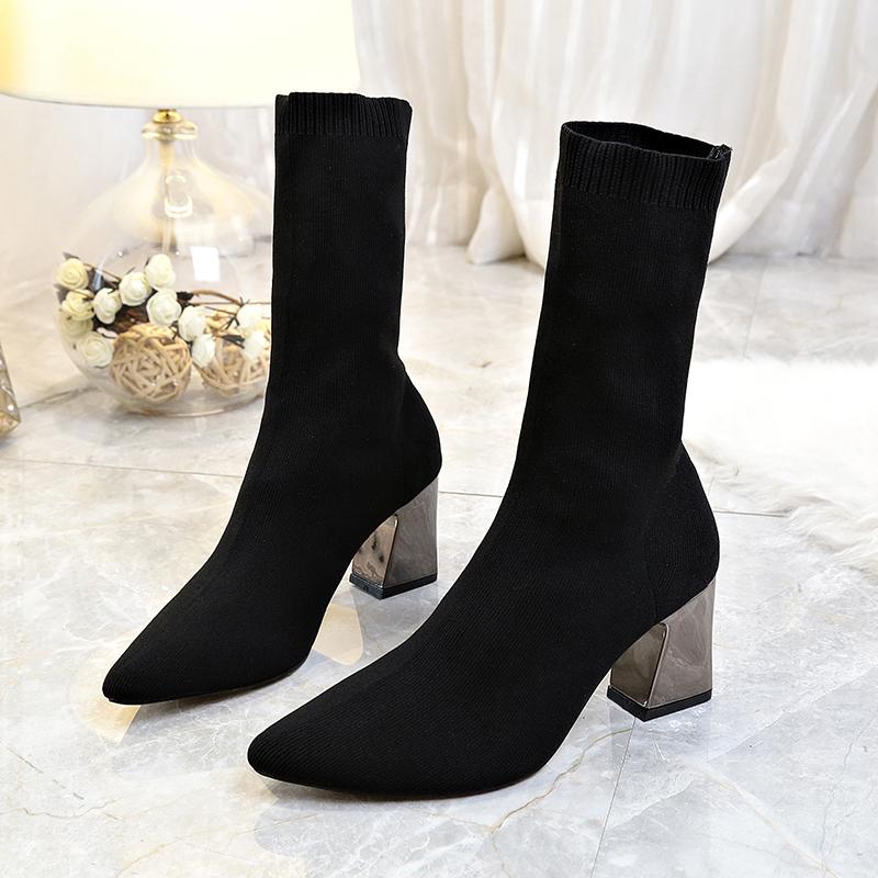 Fashion Aphixta Metal Color 7cm Square Heels Socks Boots Women Big Size 43 Stretch Fabric Elastic Pointed Toe Shoes Ankle Boot Woman