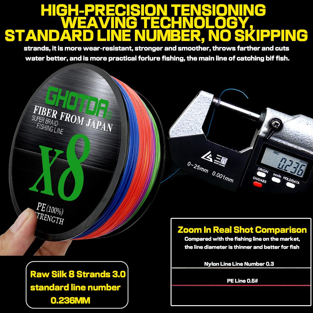GHOTDA 8 нитей, 100 м, плетеная леска, гладкая полиэтиленовая проволока, диаметр 0,6–8,0 мм, диаметр 0,128–0,47 мм, прочность 13,2–78 фунтов.