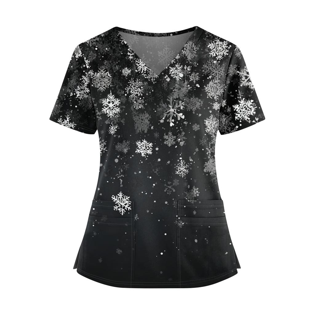 Женский рождественский топ с принтом, V-образным вырезом, двумя карманами, короткими рукавами, разрезом по подолу, униформа для сиделки