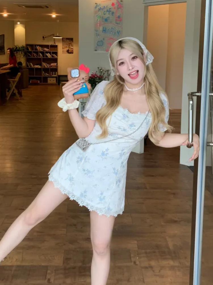 Летнее мини-платье с цветочным принтом феи, женское новое милое элегантное дизайнерское платье, женское корейское однотонное платье с высокой талией Y2k с квадратным воротником