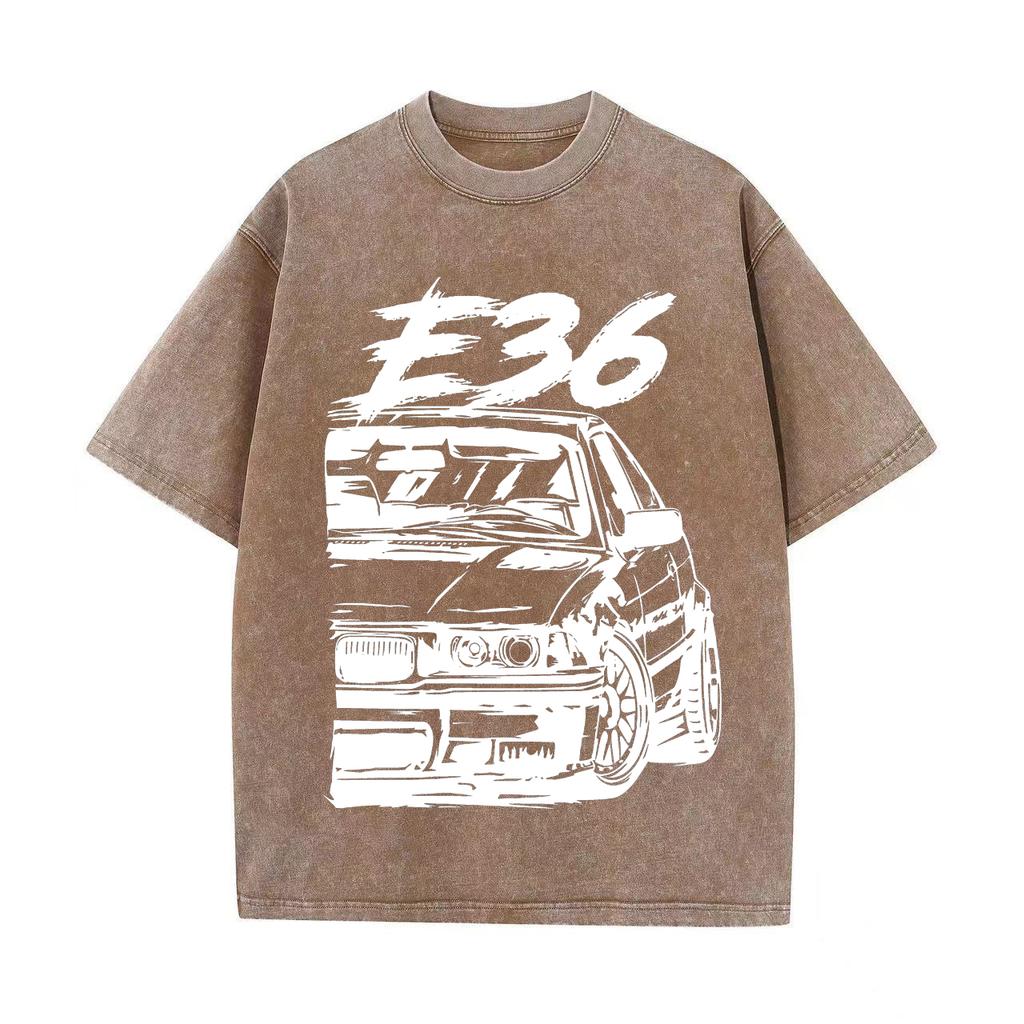 Ретро стираная винтажная футболка Высококачественные футболки E36 Футболка Летняя свободная одежда с коротким рукавом Хлопковые свободные уличные топы