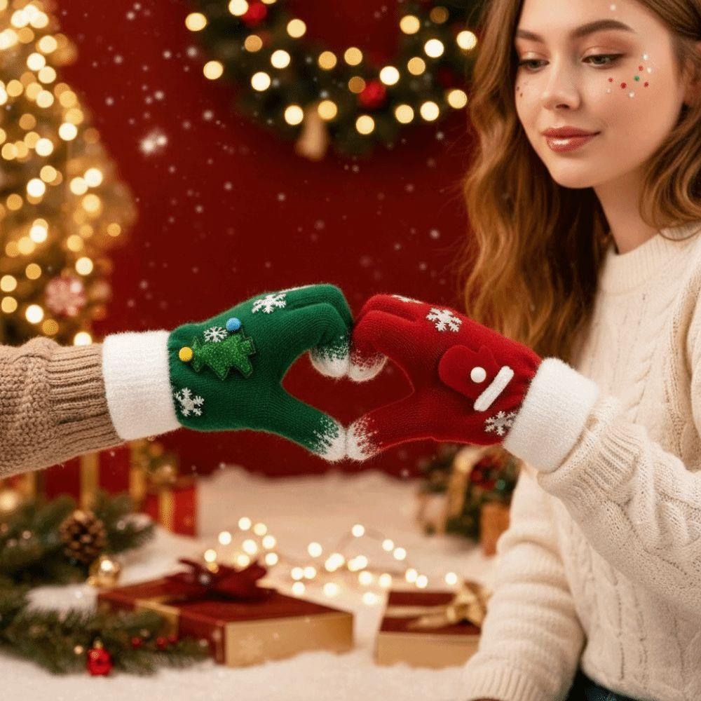 Red Green Christmas Gloves Plush Cuff Full Finger Gloves Winter Knit Mittens Gift Giving