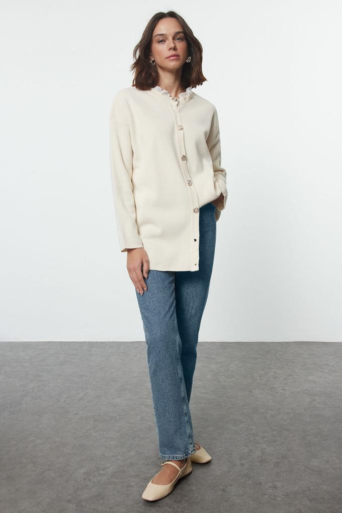 Женский модный стильный кардиган в стиле хиджаб с каменным воротником и вышивкой, кружевной подробный трикотажный кардиган