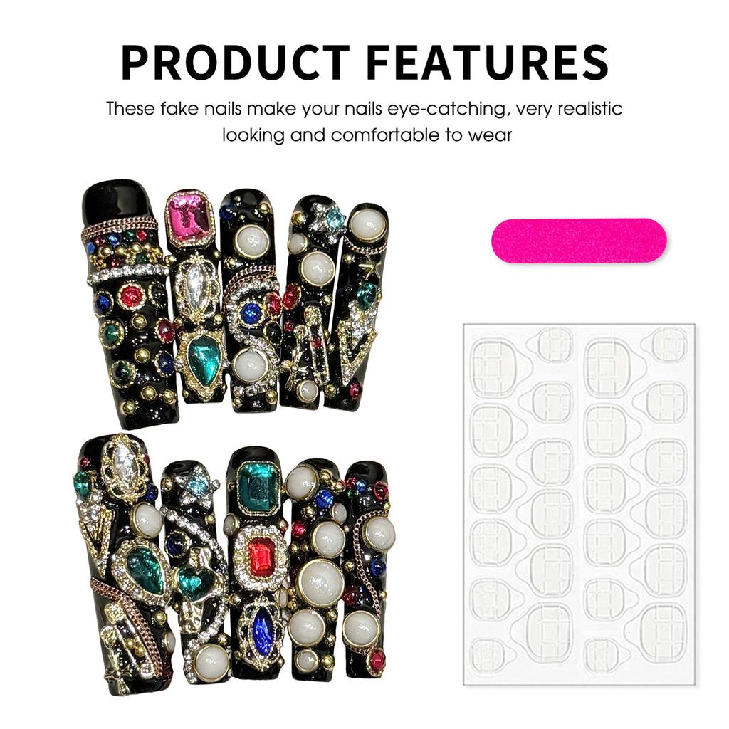 10Pcs Long Tube Ladder False Nails with Zircon Stone for Party Wedding