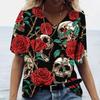 Skull Rose Flower 3D Print T-Shirts Women Fashion V-Neck Short Sleeve T Shirt Y2k Tops Harajuku Oversized Tees Woman Clothing