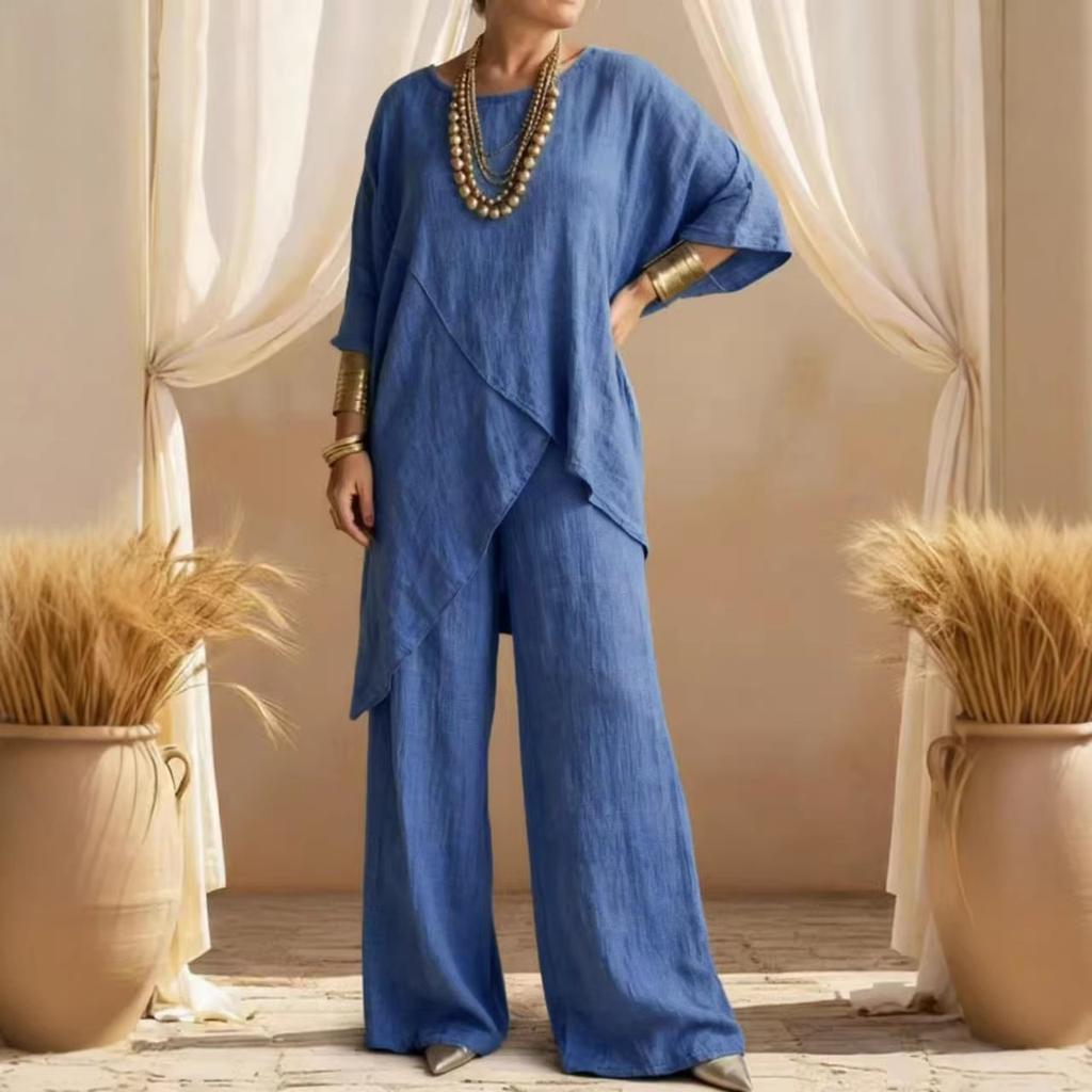 2026 summer European and American cross-border Amazon two-piece women's clothing cotton and linen sleeves loose casual irregular hem set