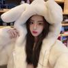 Зимнее новое пальто из искусственного меха кролика рекс с утолщенным плюшем, женское милое с капюшоном и ушками, молочное хуху
