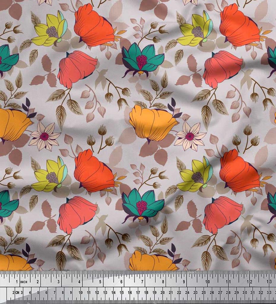 Soimoi Japan Crepe Satin Fabric Leaves & Floral Artistic Fabric Prints By Metre 42 Inch