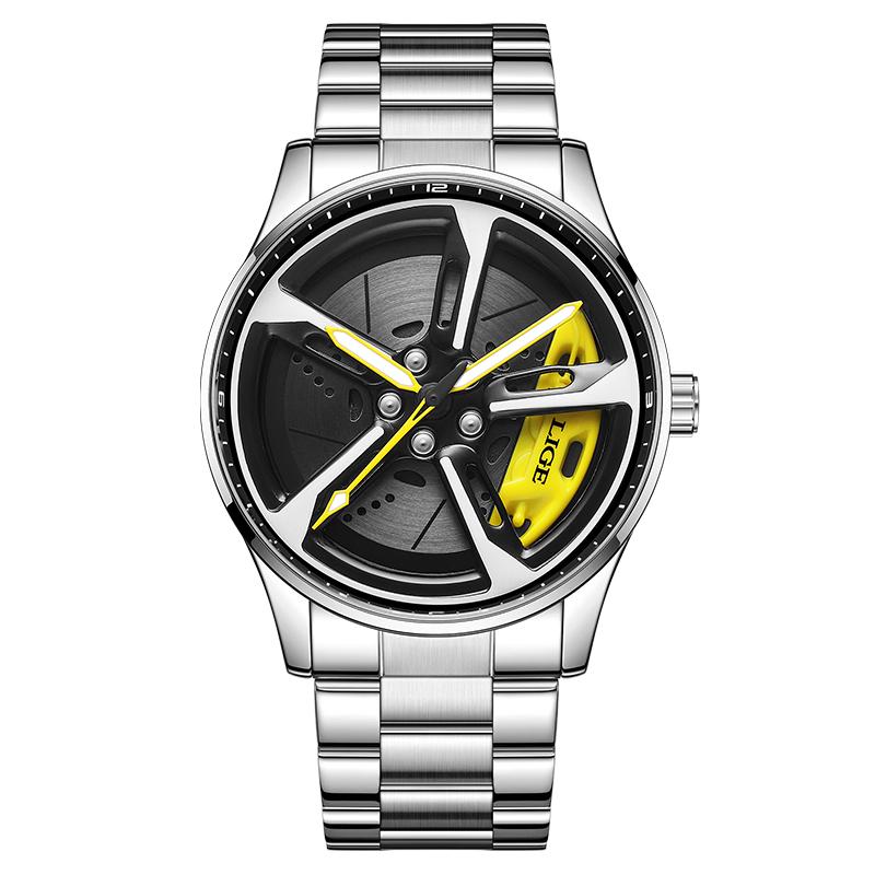LIGE Fashion Men's Watch Luxury Stainless Steel Waterproof Sports Quartz Watch Supercar Wheel Dial Military Watches for Men+Box