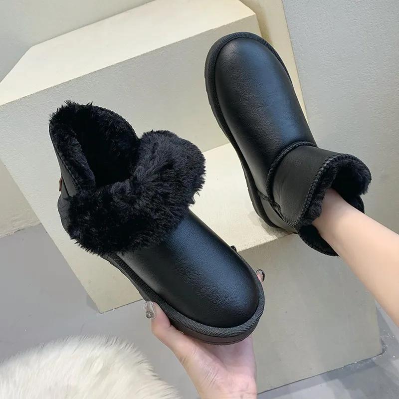 Модные зимние теплые ботинки для снега с бархатной кожаной отделкой, средний верх, водонепроницаемые, толстые, противоскользящие, большие размеры для мужчин и женщин