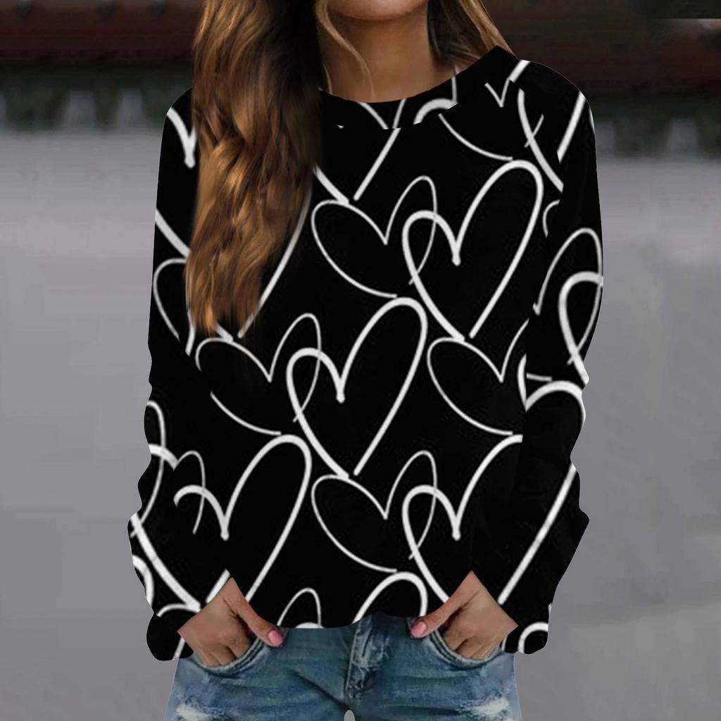 Женская модная повседневная толстовка с длинным рукавом и принтом на День святого Валентина и круглым вырезом