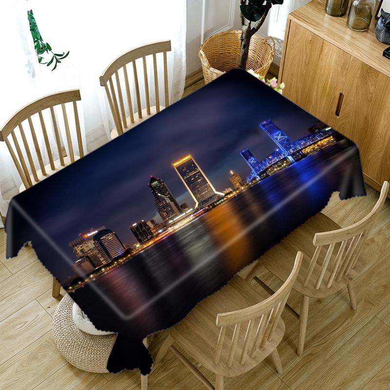 Harbour City Nightscape Pattern Tablecloth Dustproof Thicken Cotton Rectangular Round Table Cloth For Wedding Picnic Party