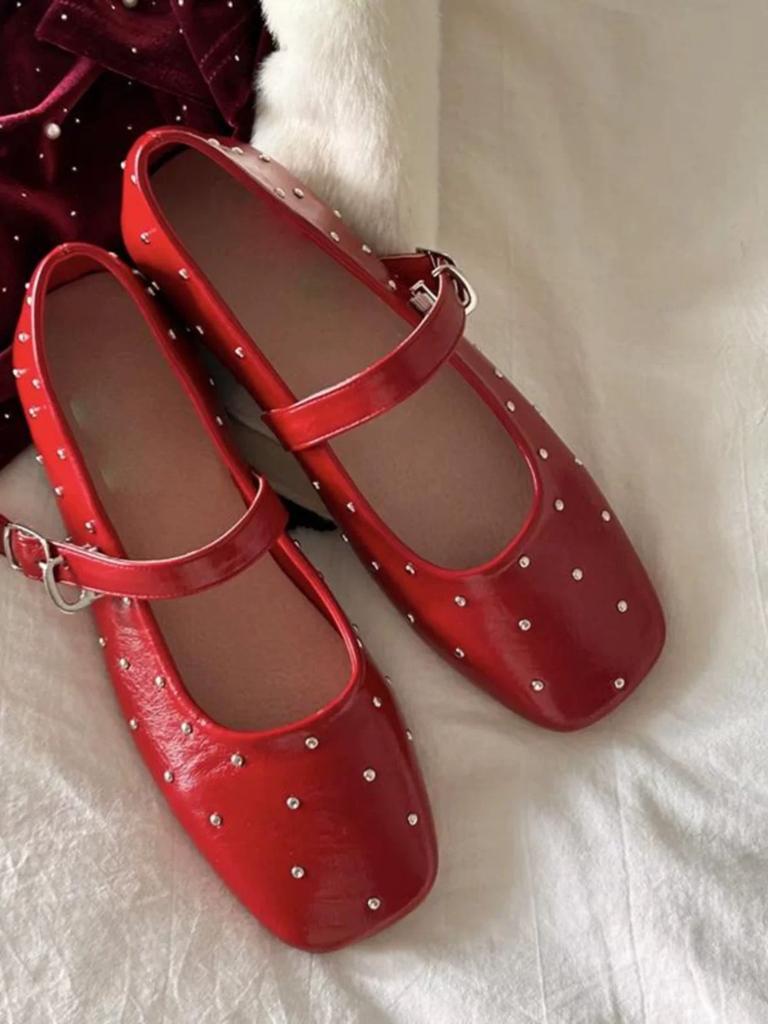 Leather Korean Version of Rivet Square Head with Mary Jane Shoes Women's 2025 Spring Versatile Flat Bottom Light Mouth Red Single Shoes