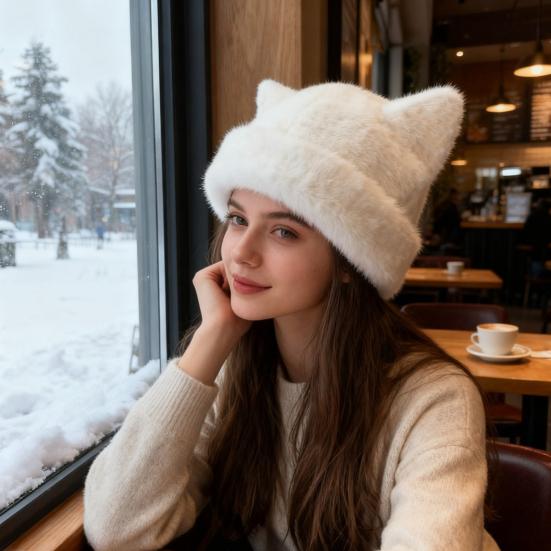 Зимняя шапка однотонная с декором в виде медвежьих ушек, ветрозащитная, теплая, вязаная шапка, легкая, дышащая, термошапка, головной убор для холодной погоды