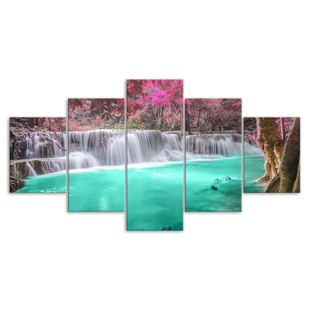 Beautiful Waterfall Scenery Painting 5 Piece Five Panel Canvas Print Modern Wall Art Poster Home Decor Gift For Him For Her