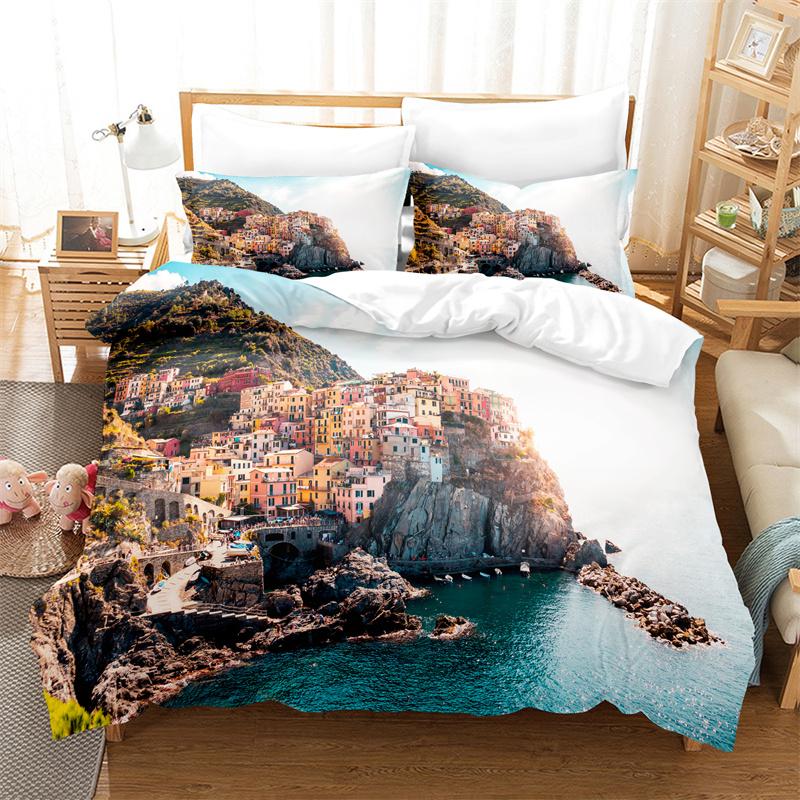 Beautiful Coastline City Duvet Cover Set 3d Digital Printing Sea Landscape Bed Linen Queen Polyester Bedding Set Fashion Design