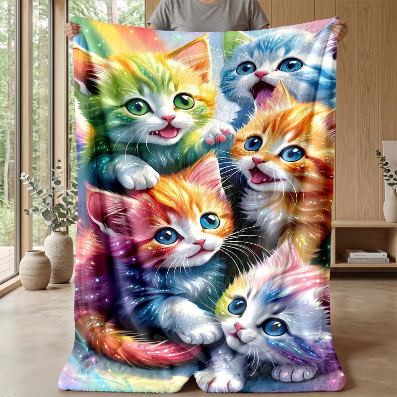 Rainbow Kitten Fantasy Theme blanket Lightweight Warm Flannel Blanket Decorative Throw Blanket for Home Decoration