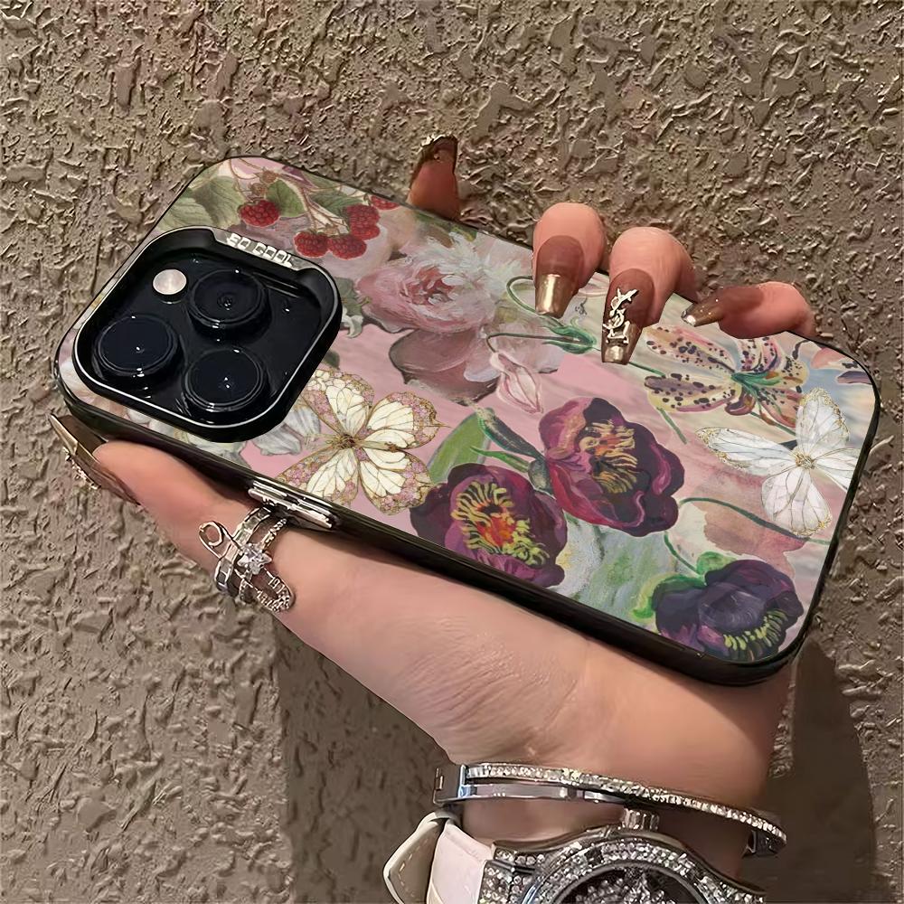 Oil painting flower butterfly pattern phone case suitable for iPhone 17 16 15 14 13 12 11 Pro/Max/Plus anti drop and shockproof