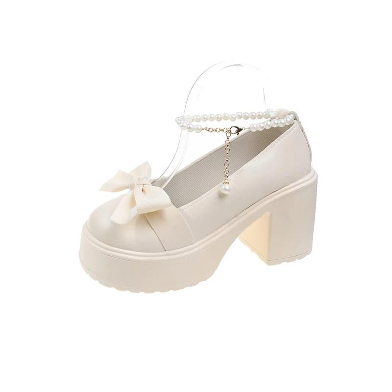 Модные женские туфли Мэри Джейн на толстой подошве на высоком каблуке для вечеринок 2024 года, осенние туфли с бантом и цепочкой, женская обувь, мода