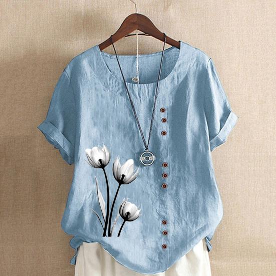Женская летняя футболка с короткими рукавами и круглым вырезом, пуловер с пуговицами, декор с цветочным принтом, винтажный стиль, женский топ