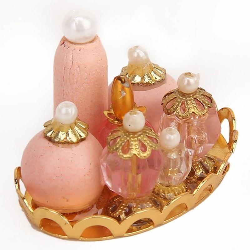 Новый кукольный домик 1/12, миниатюрная мебель для ванной комнаты, розовый парфюмерный набор с подносом