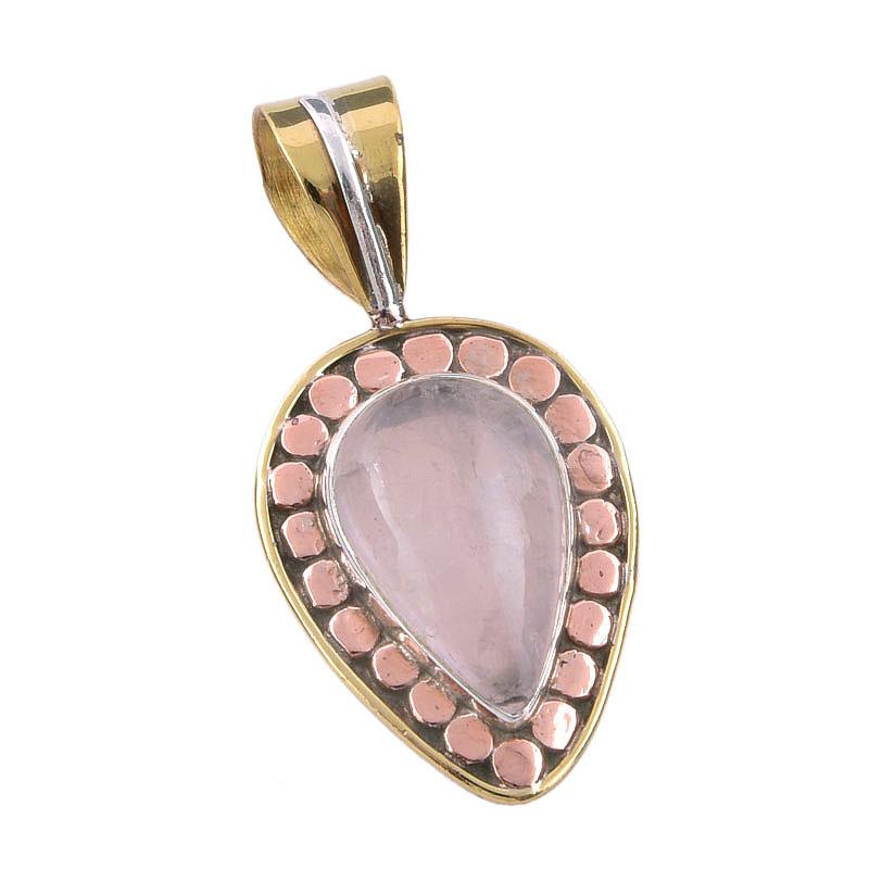 Natural Rose Quartz 925 Solid Sterling Silver Jewelry TwoTone Pendant 1.25" k8M21