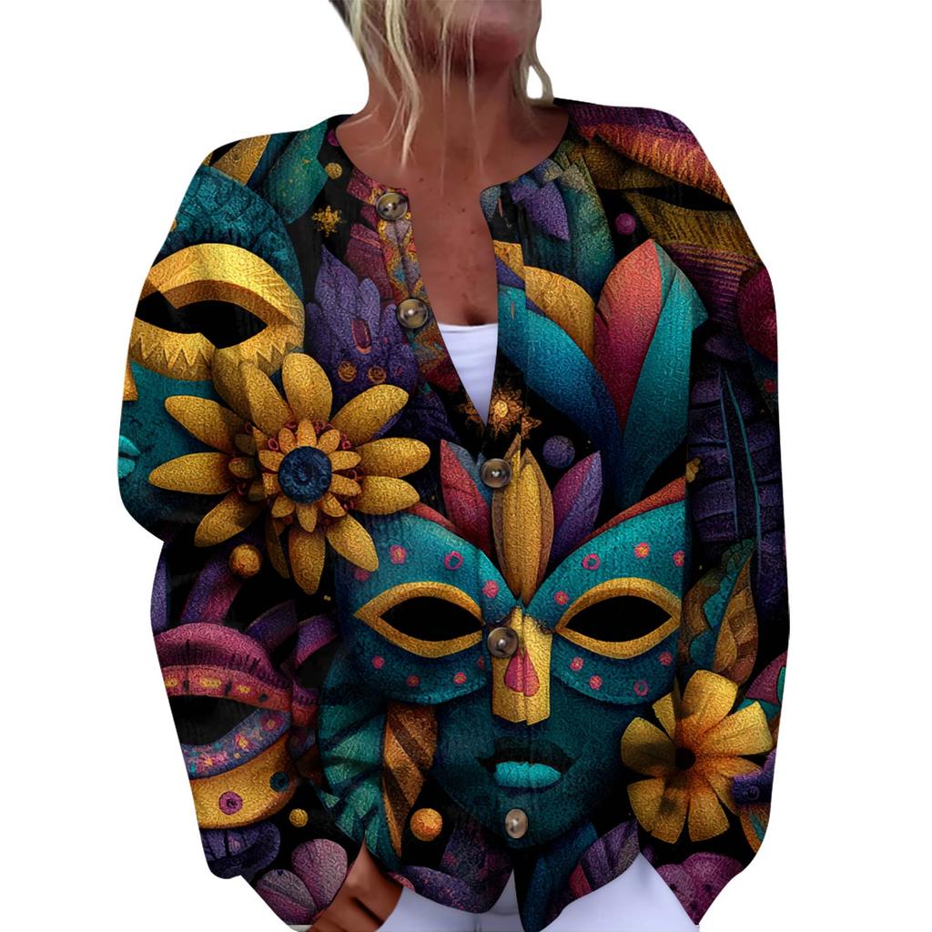 Women's Fashion Festival Printed Long-Sleeved Knitted Cardigan With Button-Front