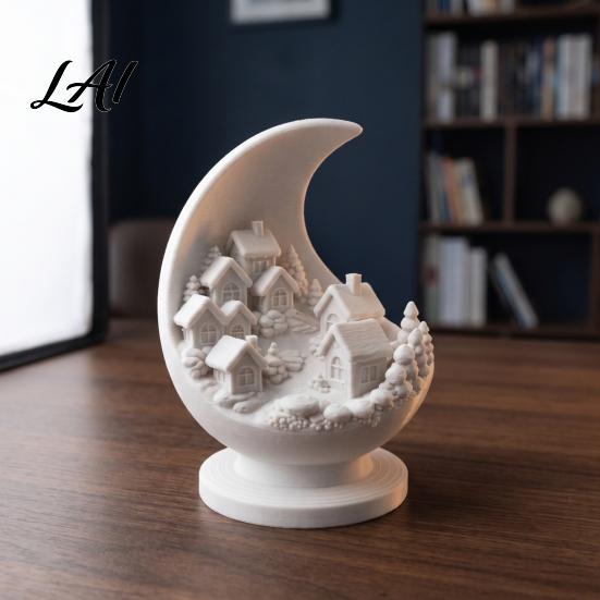 Minimalist Home Accents 3D Printed Crescent Moon and Snowy Village Figurine Mini House Statue Study Room Desk Sculpture with Stable Base Decorative