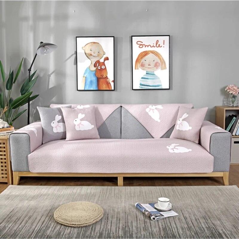 Modern Simple Couch Cushion Comfortable Dustproof Non Slip Rabbit Print Sofa Towel Versatile Living Room Rabbit Decor Mats