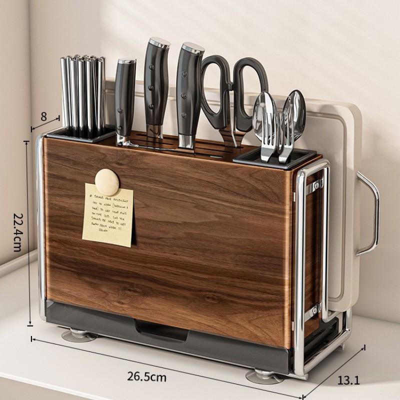 Wooden Kitchen Knife Organizer With Cutting Board Holder Chopstick Cylinder Multi-Function Storage Rack Wall Mount Or