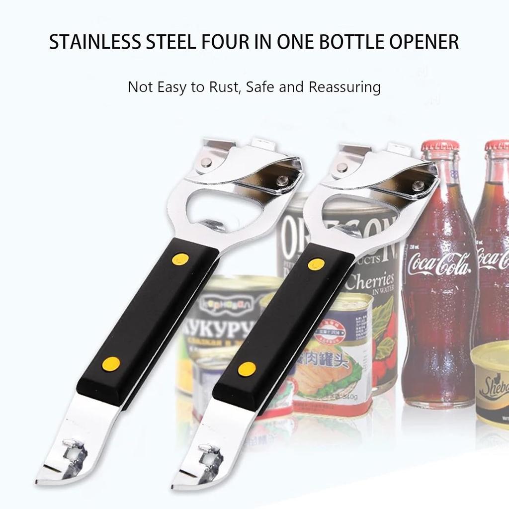 4-in-1 Can Punch Bottle Opener Classic Stainless Steel Manual Can Opener for Liquid with Cap Catcher, Can Tapper Church Key for Camping and Traveling