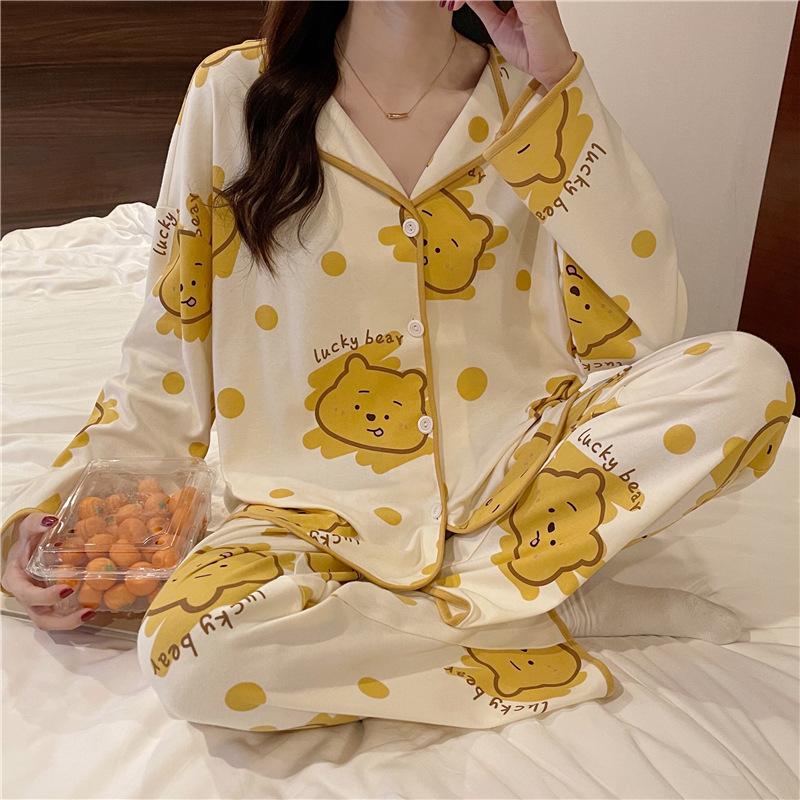 Летняя тонкая пижама с длинными рукавами, женская новая симпатичная домашняя одежда, свободный костюм из двух частей